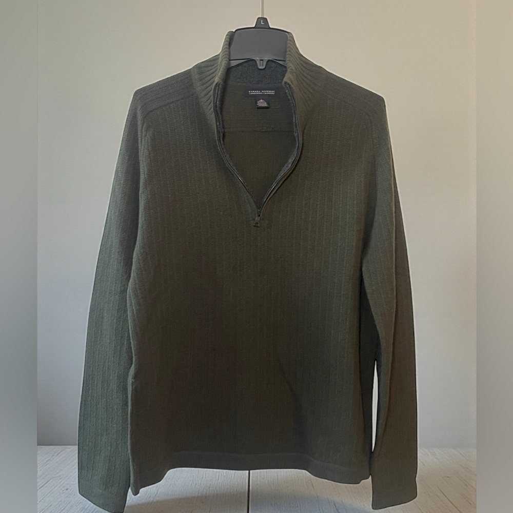 Banana Republic Lambswool Cashmere Half Zip Sweater L Olive Mock Neck Elbow Patc